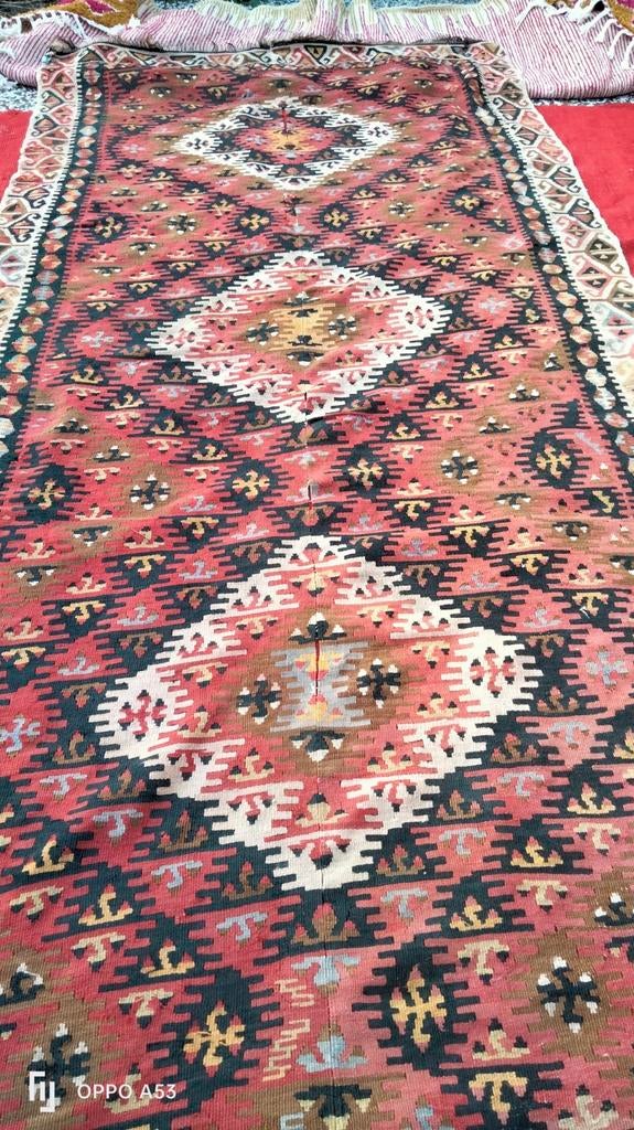 Handgeweven Turkse kelim wol. 385x175cm, Sieraden, Tassen en Uiterlijk, Ophalen of Verzenden, Overige materialen