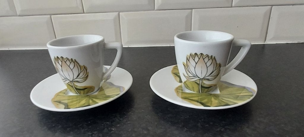 NESPRESSO kopjes en schoteltjes, GROENE BLEMEN, Overige merken, Ophalen of Verzenden, Zo goed als nieuw, Overige stijlen