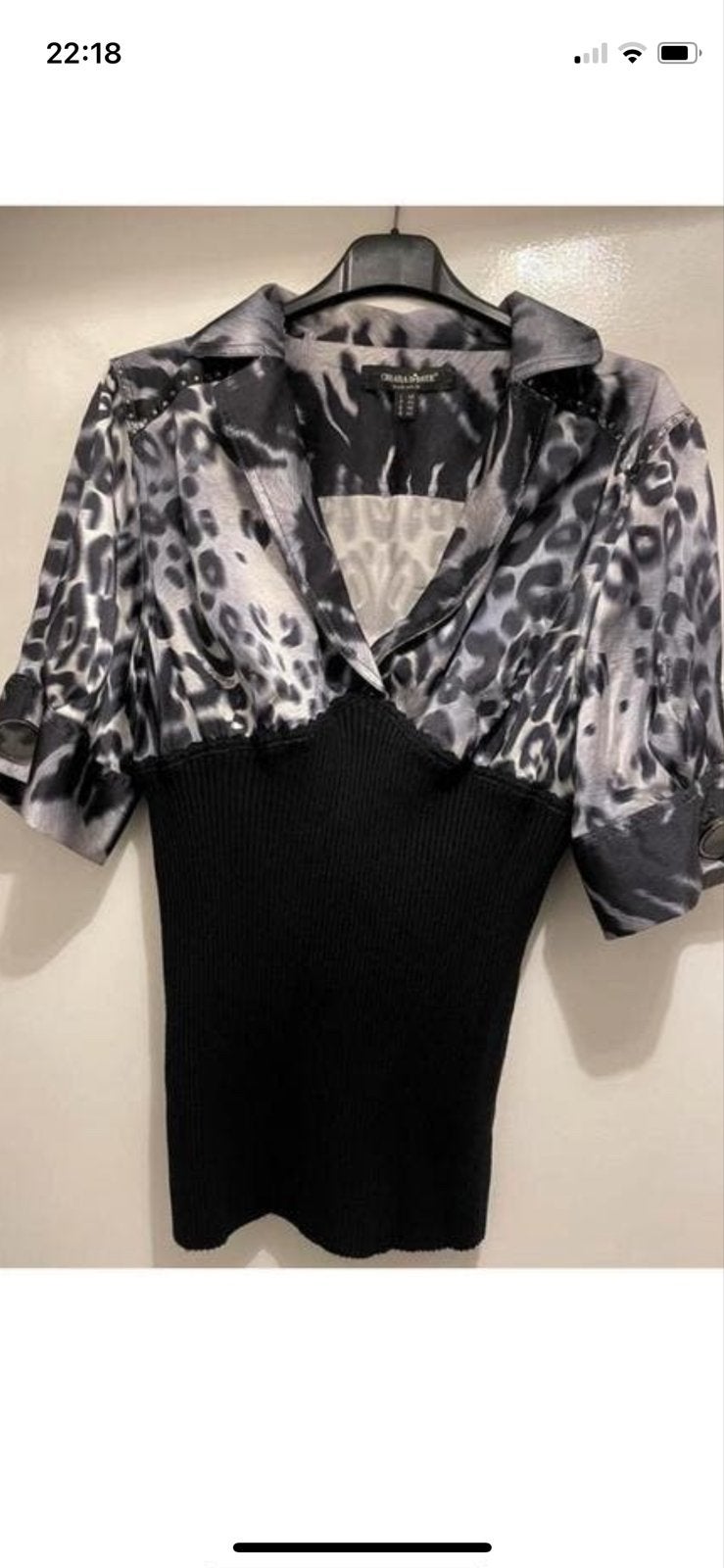 Chique Chiara D'Este top met dierenprint en ribstof, Ophalen, Zo goed als nieuw, Maat 42/44 (L), Zwart
