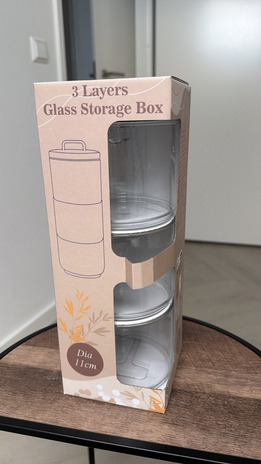Nieuw in doos! Glazen voorraadpot met 3 lagen - Dia 11cm, Ophalen, Glas, Nieuw, Voorraadpot