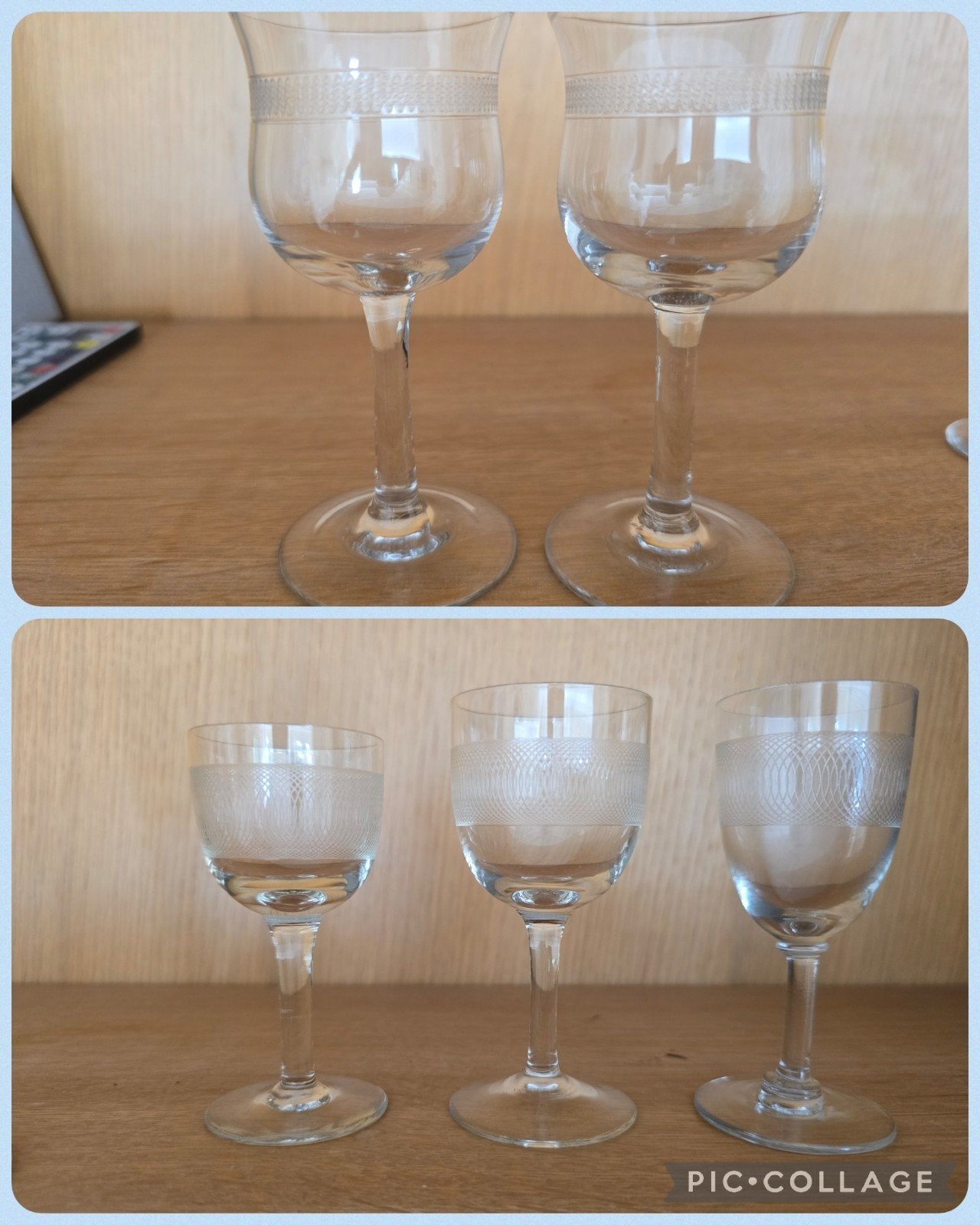 Antiek geëtste glaasjes met spiraalpatroon, Ophalen of Verzenden, Zo goed als nieuw, Borrel- of Shotglas