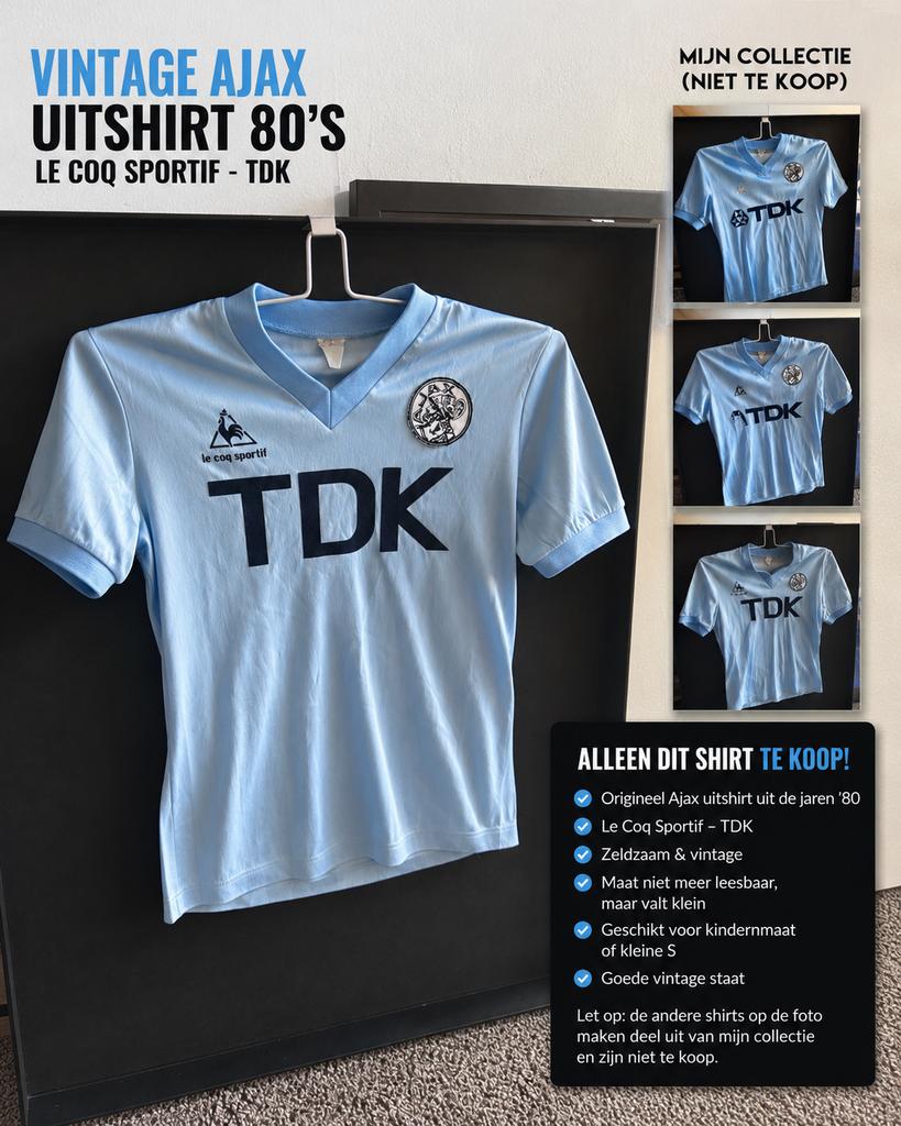 Ajax uitshirt jaren ’80 – TDK / Le Coq Sportif – zeldzaam, Ophalen, Blauw, Voetbal, Gedragen