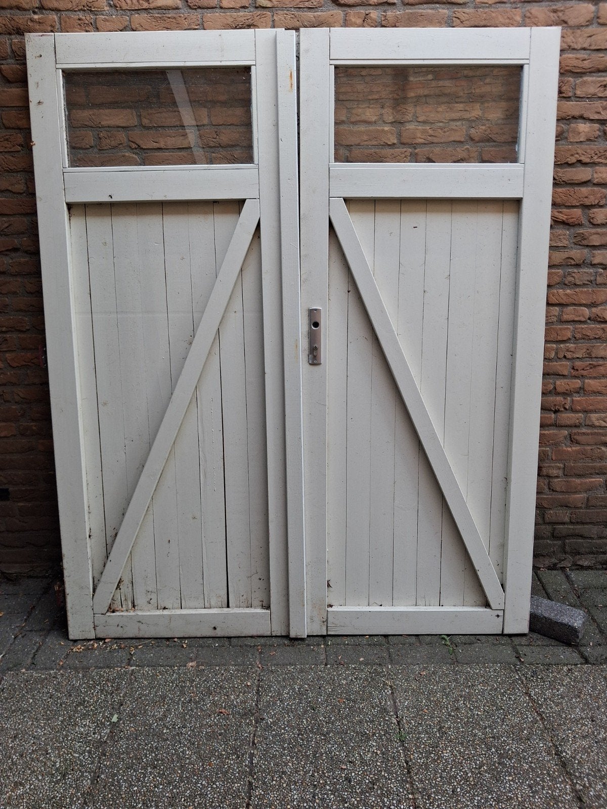 Oude houten garagedeuren met glas, opknapper, Ophalen, Gebruikt, 120 cm of meer, Garagedeur