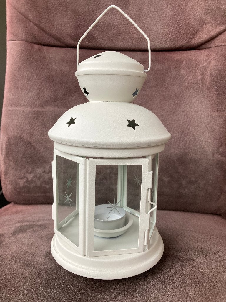 Mooi lantaarntje tbv waxinelichtje, metaal met glas, H 21cm, Windlicht, Gebruikt, Wit, Ophalen of Verzenden