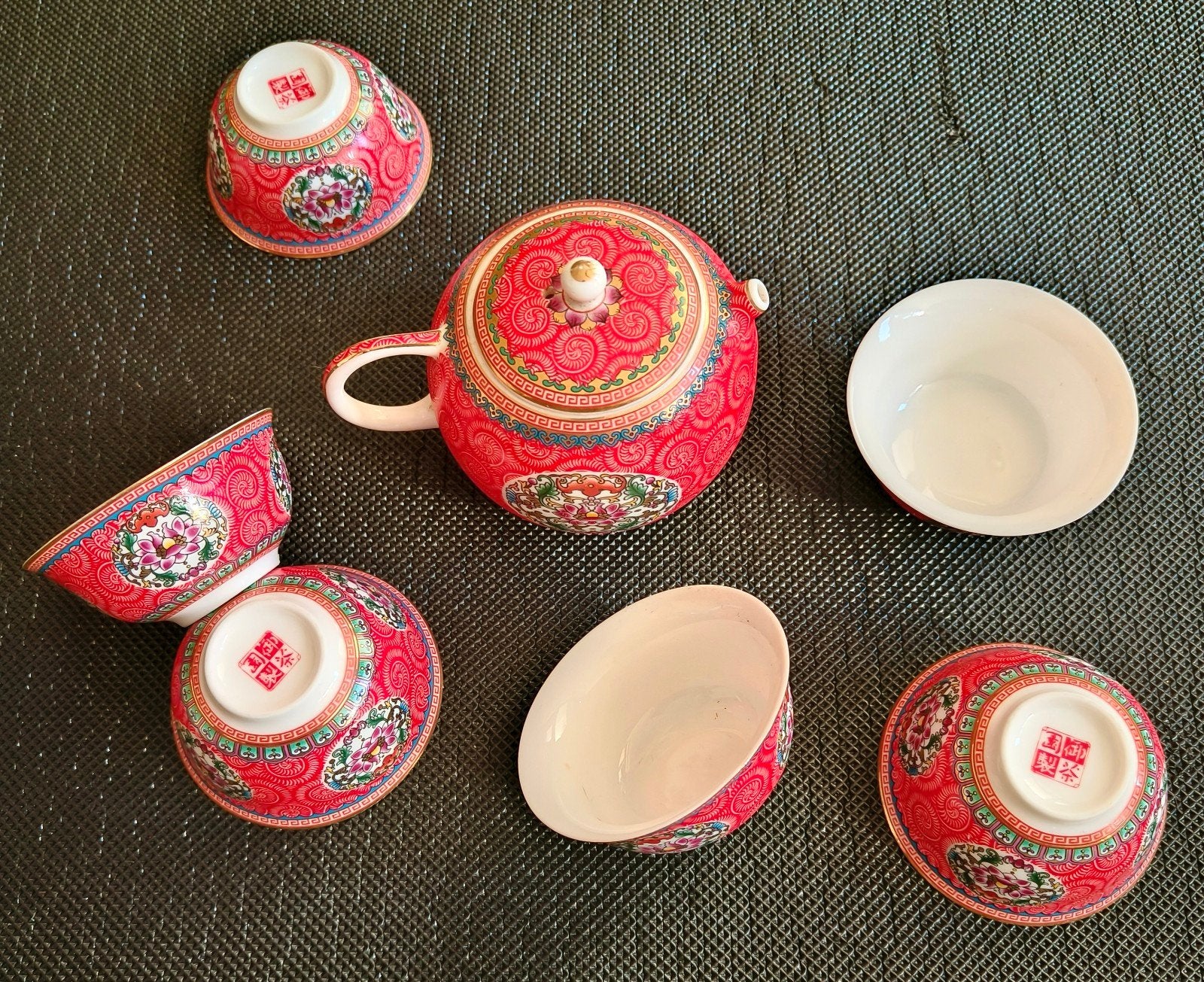 Vintage Chinees theeservies - Theepot met 6 kopjes, Aziatisch, Ophalen of Verzenden, Zo goed als nieuw, Theepot