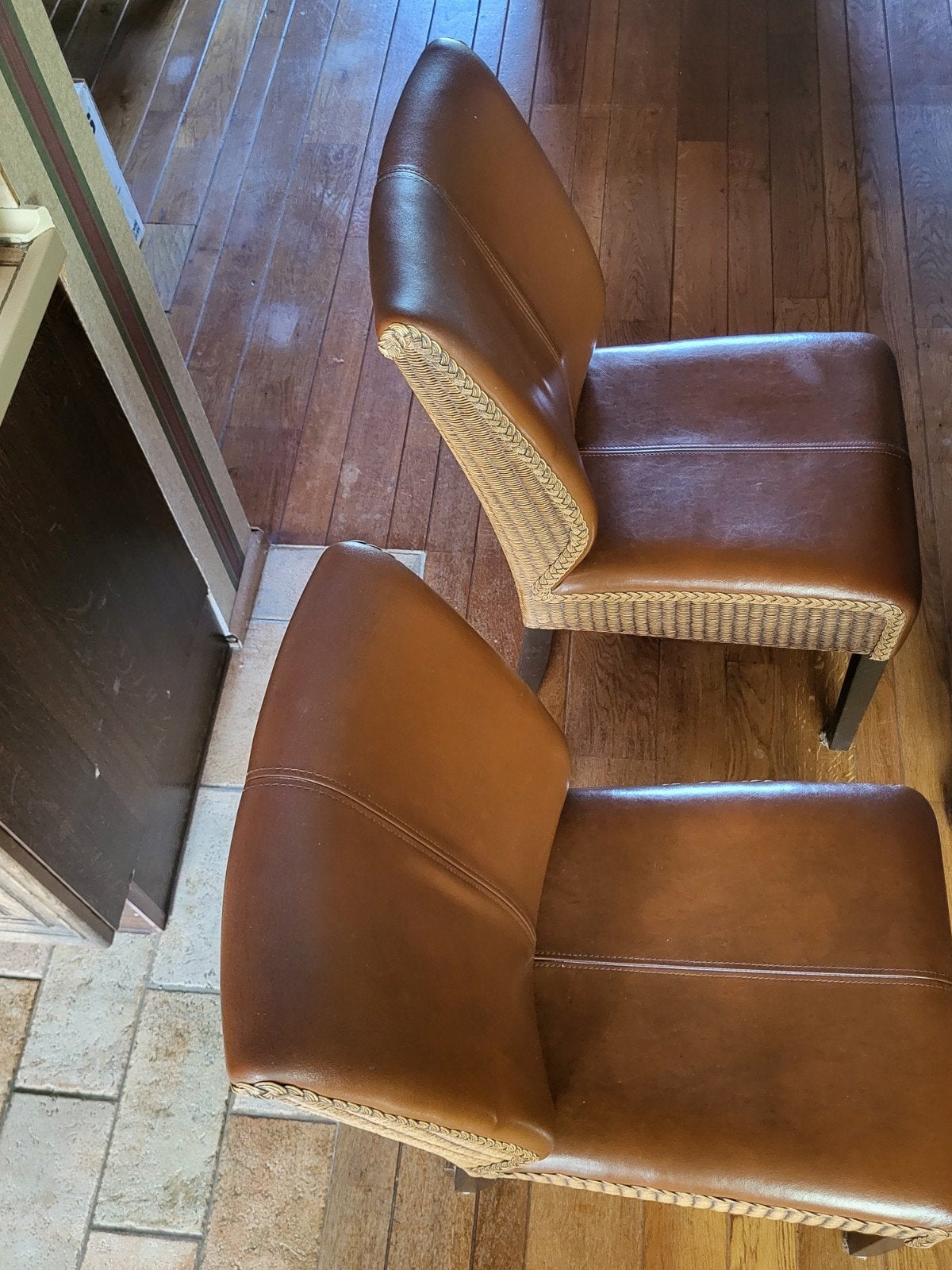 Tafel en 6 leren eetkamerstoelen met rotan details, Ophalen, Gebruikt, Landelijke, klassieke stijl, Vijf, Zes of meer stoelen