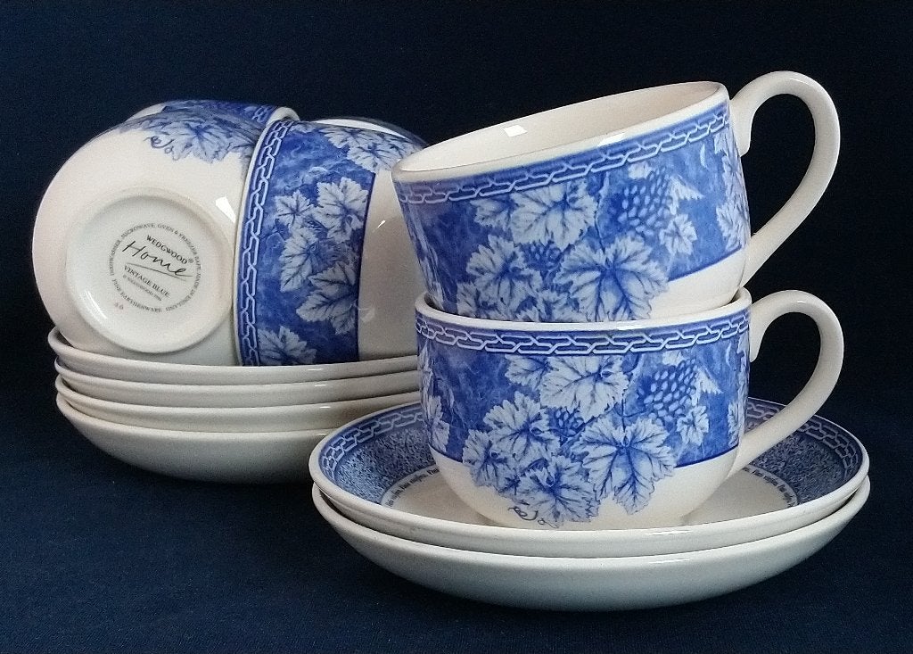 Wedgwood Vintage Blue - 6 kop en schotels, Ophalen of Verzenden, Zo goed als nieuw, Porselein, Kop(pen) en/of Schotel(s)