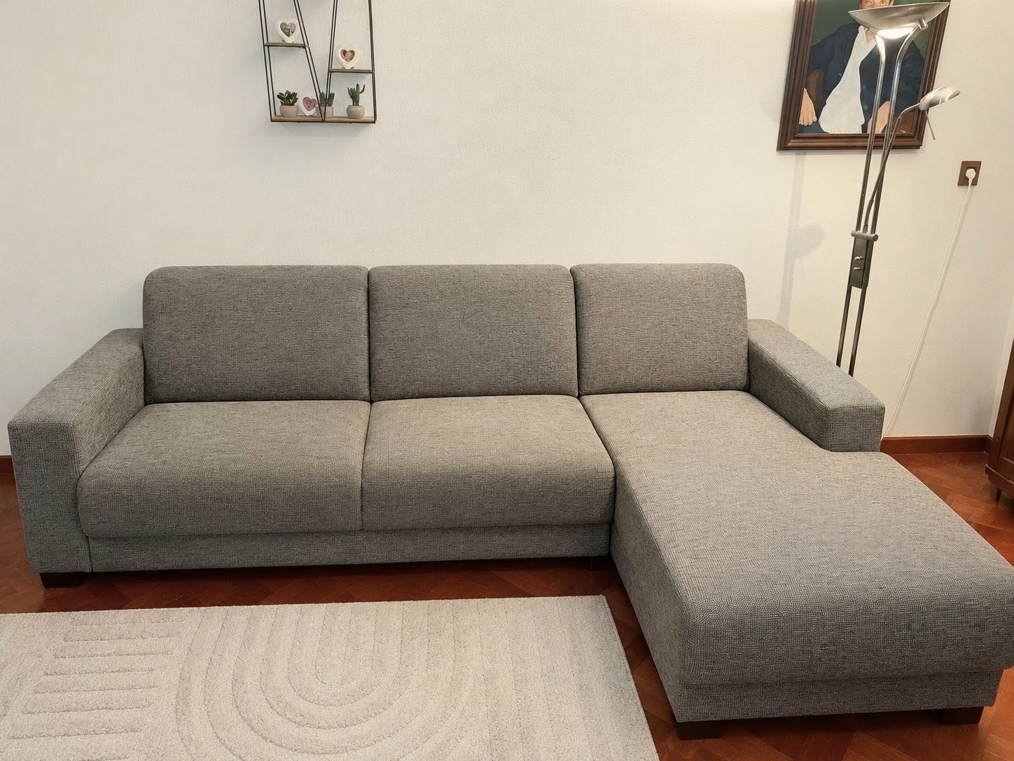 Grijze hoekbank met chaise longue – Zo goed als nieuw!, Ophalen, 250 tot 300 cm, 75 tot 100 cm, Zo goed als nieuw