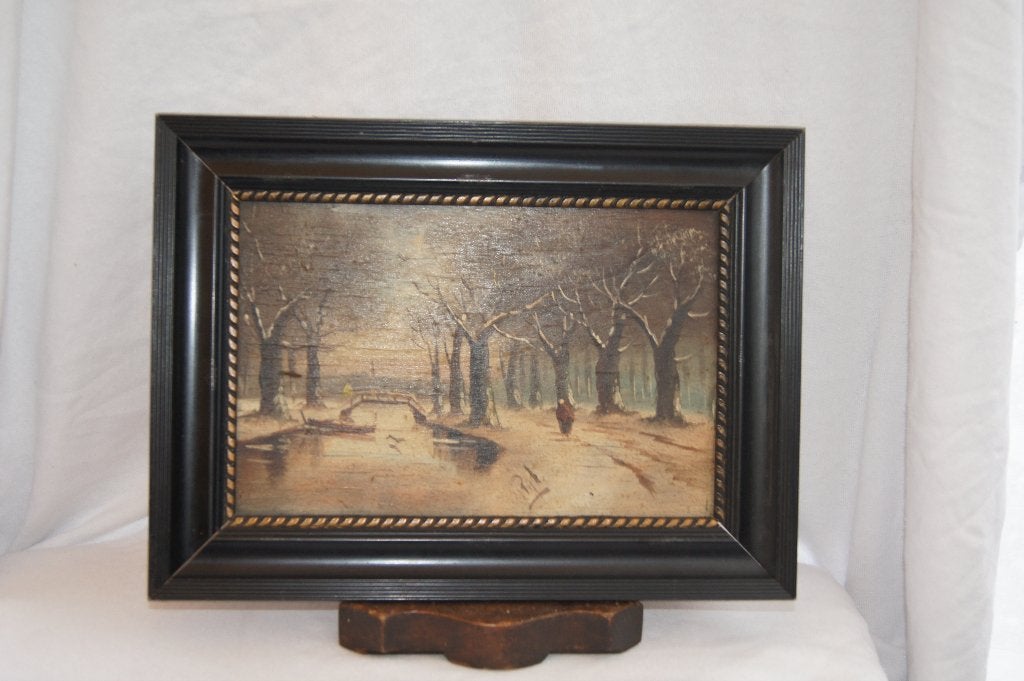 Winterlandschap met brug en persoon Schilderijtje, Antiek en Kunst, Paneel, Realistisch, Ophalen of Verzenden, Olieverf