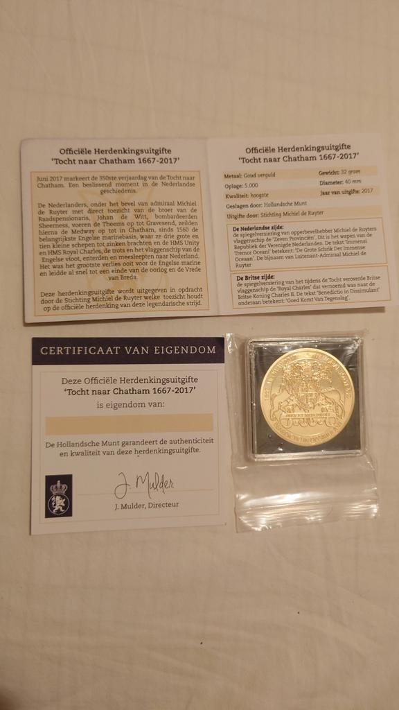 Officiële Herdenkingsuitgifte 'Tocht naar Chatham 1667-2017', Postzegels en Munten, Koningin Beatrix, Losse munt, Goud, Overige waardes