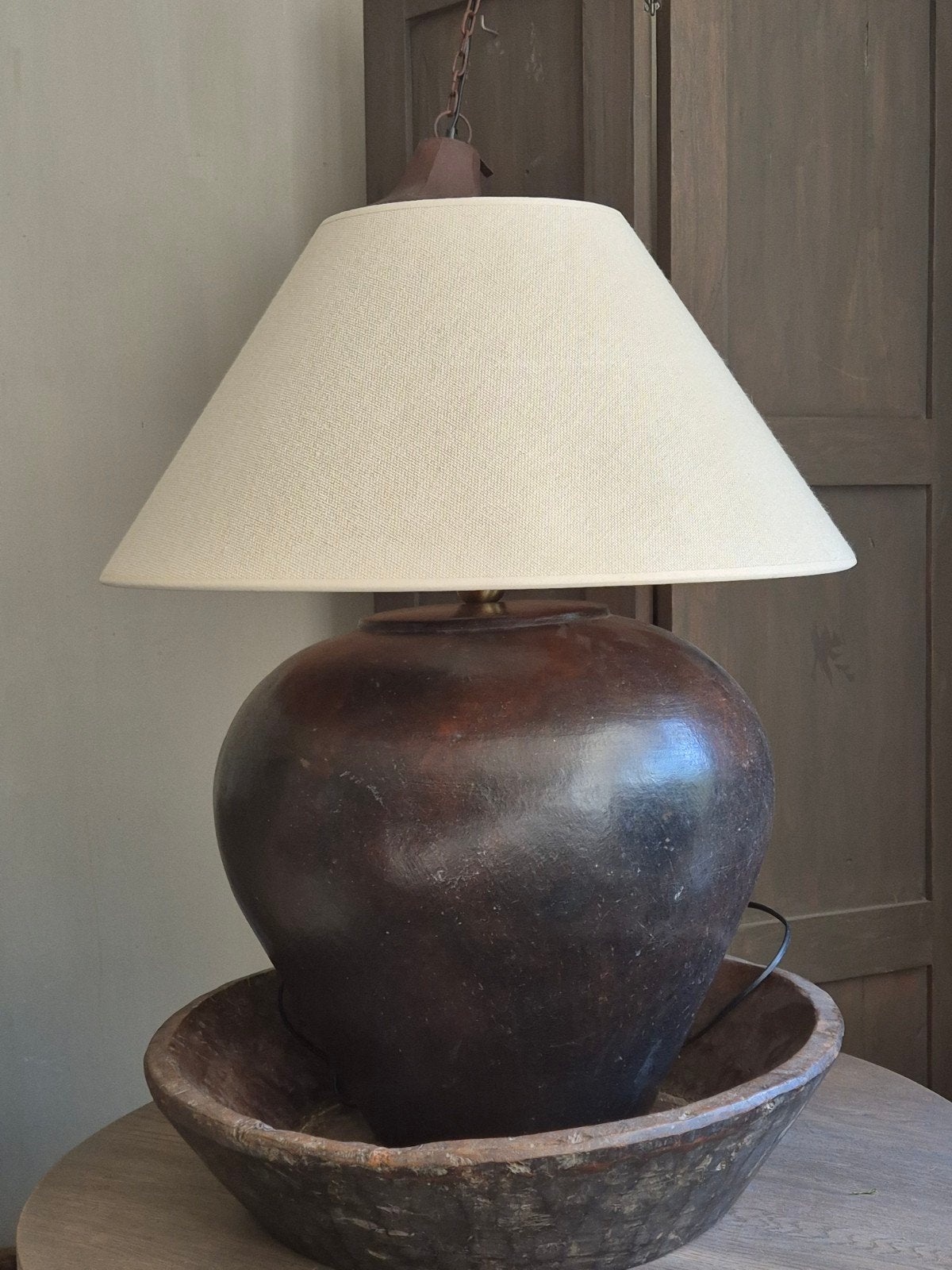 Landelijke kruiklamp met ecru kap, Ophalen, Gebruikt, E27 (groot), Schemerlamp