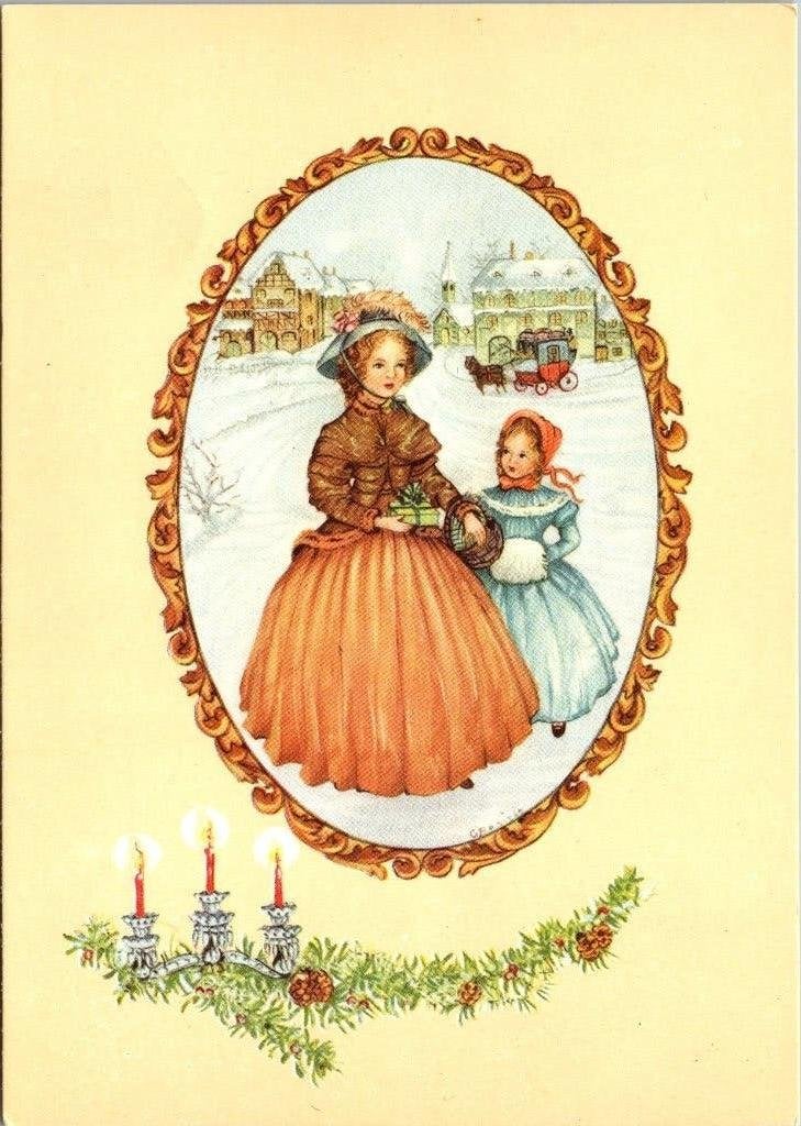 Vintage Kerstkaart: Moeder en Kind in Winterlandschap, Verzenden, 1960 tot 1980, Ongelopen, Feest(dag)