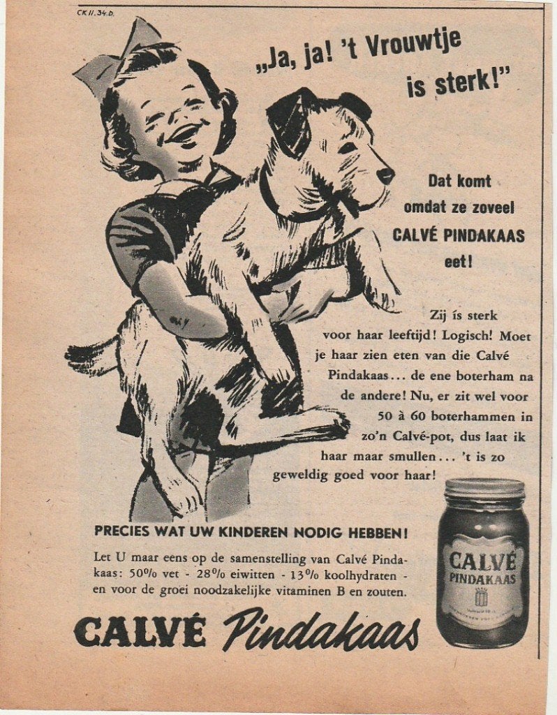 Retro reclame 1953 Calvé pindakaas meisje hondje heel sterk, Verzenden, Overige typen