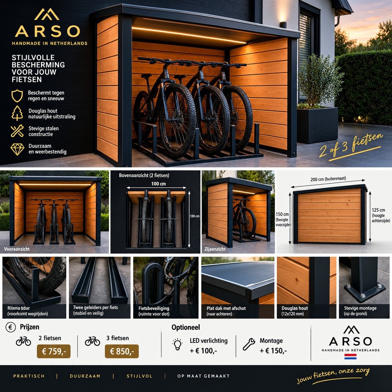 Luxe fietsenberging van staal & Douglas hout – 2 of 3 fietse, Eén persoon