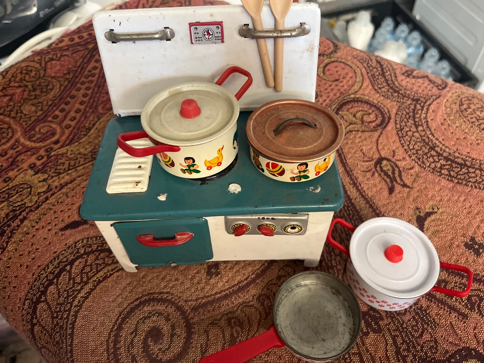 Vintage speelgoedfornuis met pannenset, Ophalen of Verzenden