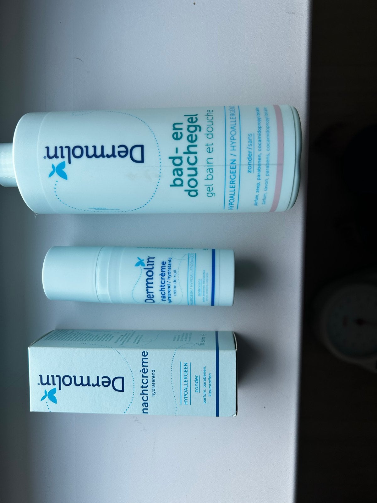 Dermolin Bad- & Douchegel en Nachtcrème 2x, Ophalen of Verzenden, Nieuw, Bad & Douche