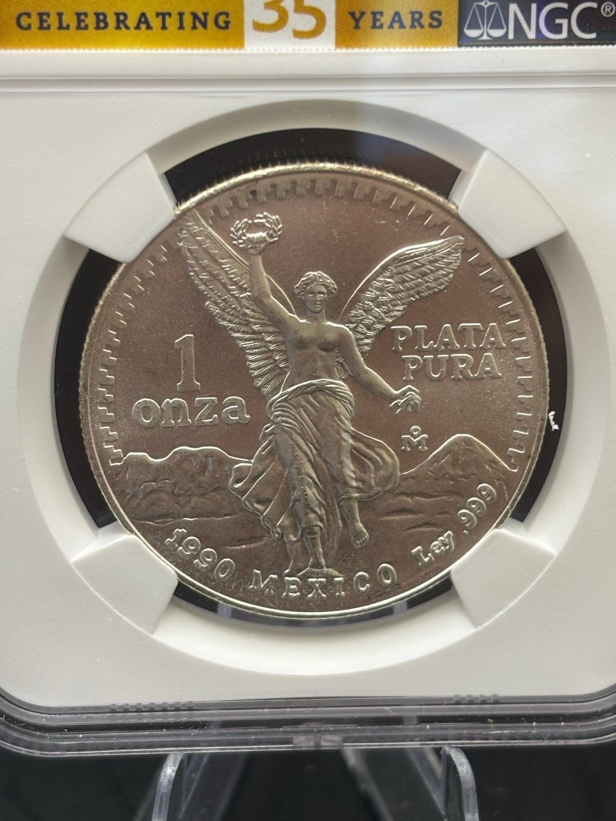 1990 Mexico 1 Oz Zilveren Libertad NGC MS 67, Ophalen, Midden-Amerika, Losse munt, Zilver