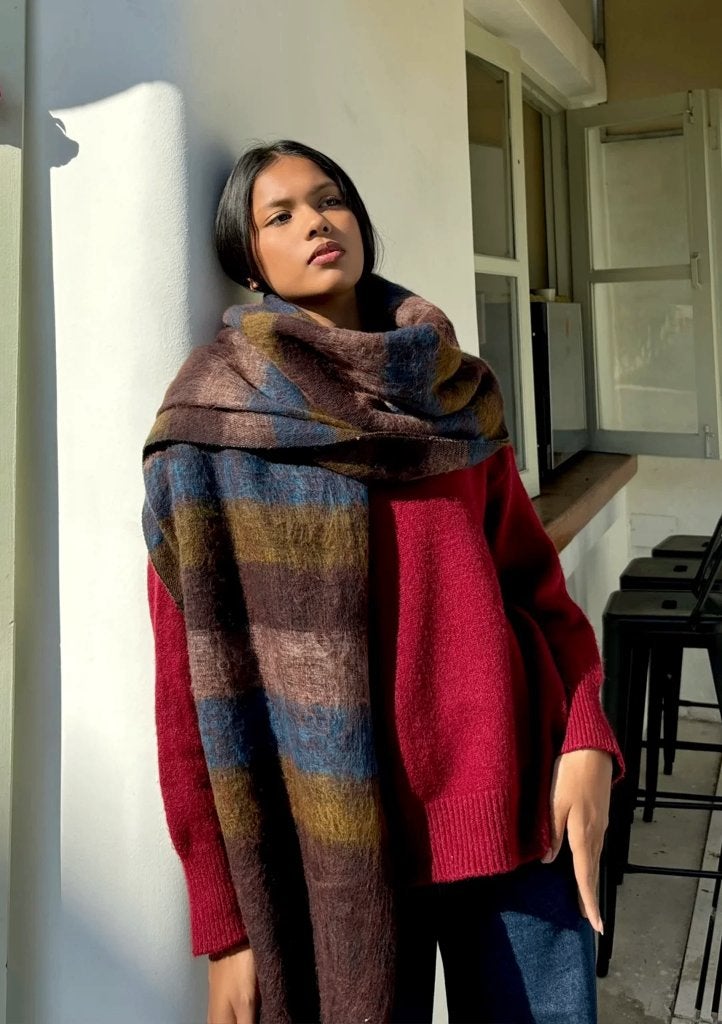 Luxe bruinblauw gestreepte wollen meditatie omslagdoek, Maat 46/48 (XL) of groter, Nieuw, Ophalen of Verzenden, Nepalhandwerk.nl