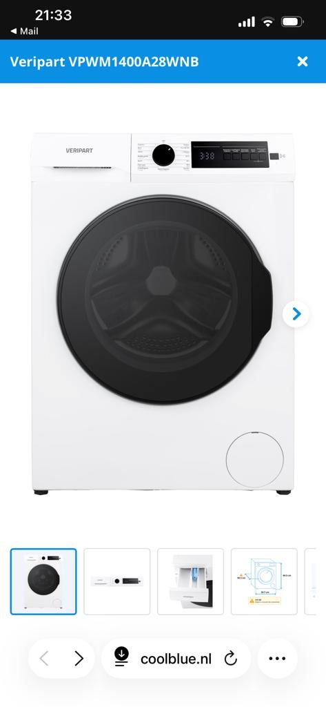 Veripart VPWM1400A28WNB Wasmachine - Nieuw in doos, Ophalen, 1200 tot 1600 toeren, 8 tot 10 kg, Nieuw