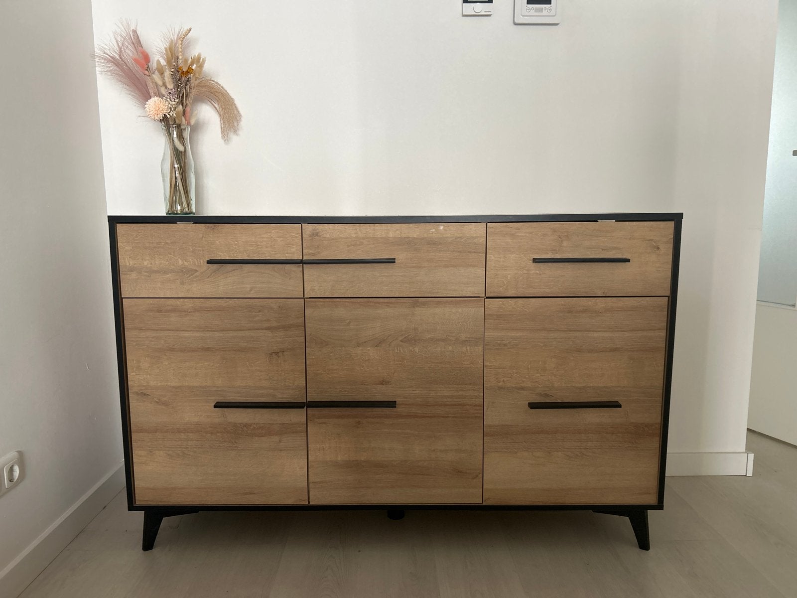 Dressoir met 3 lades en 3 deuren - Hout en Zwart, Ophalen, 100 tot 150 cm, Zo goed als nieuw, Met lade(s)