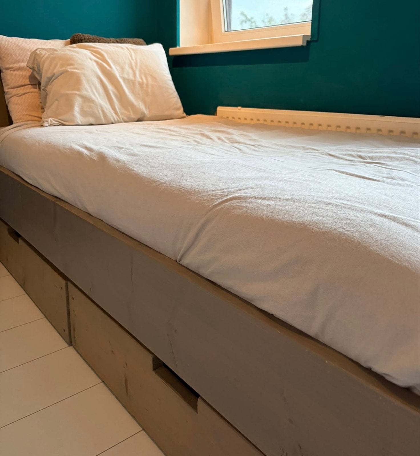 GRATIS Eenpersoonsbed met opberglades - steigerhout, Gebruikt, 90 cm, Ophalen of Verzenden, 200 cm