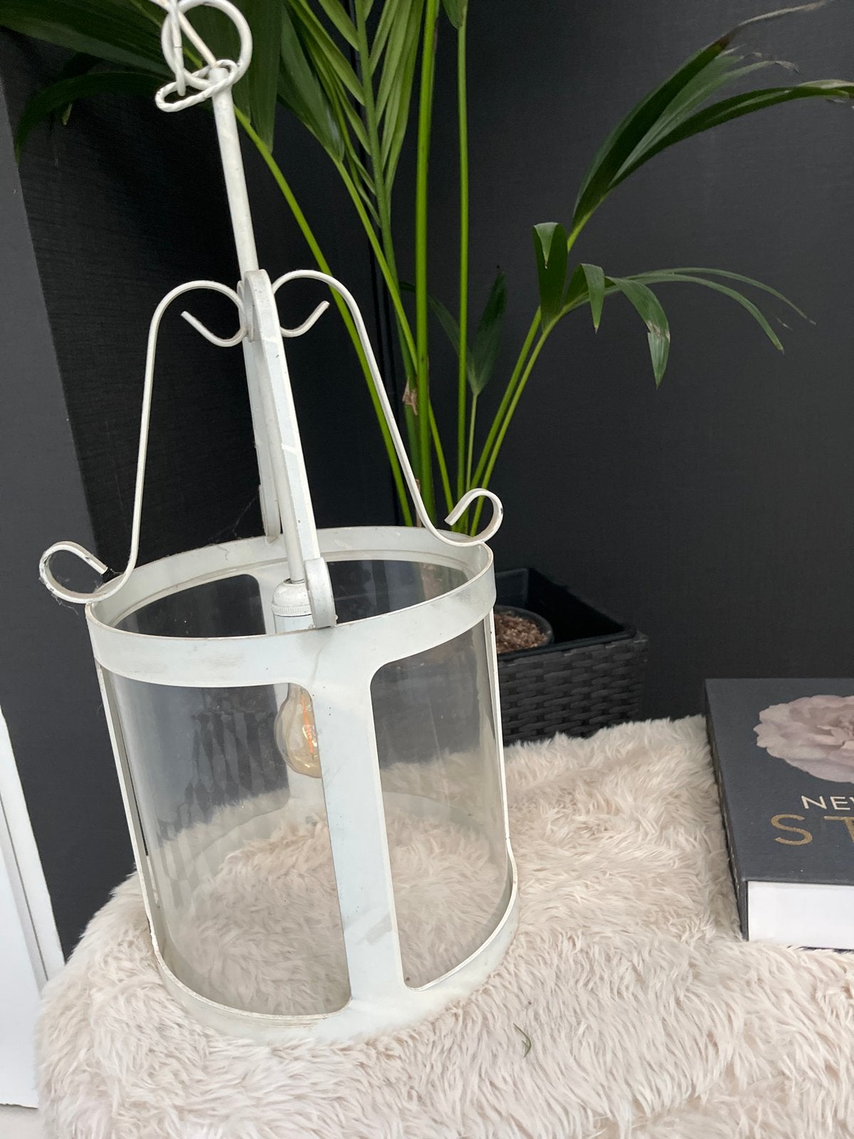 Vintage Witte Hanglamp met Glazen Cilinder, Huis en Inrichting, Ophalen, Gebruikt, Metaal, E27 (groot)