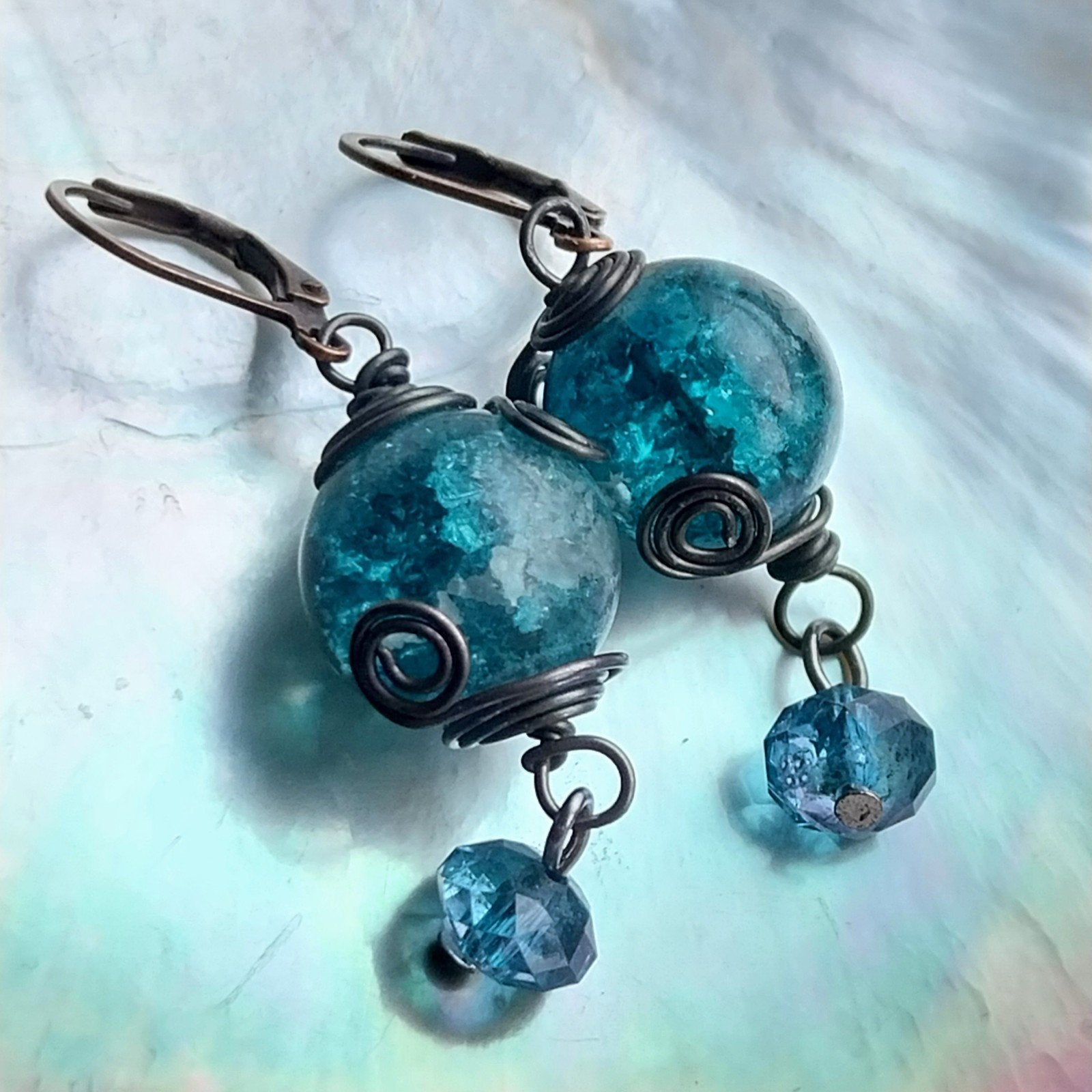 Cracle glas oorbellen #2816, Sieraden, Tassen en Uiterlijk, Oorbellen, Zo goed als nieuw, Hangers, Glas, Blauw, Verzenden
