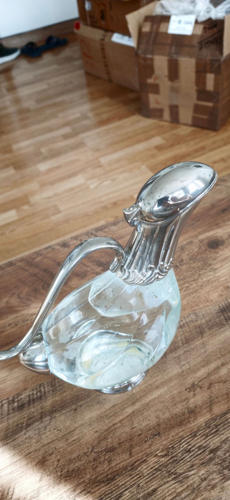 Antieke zilveren kleur en glazen karaf in eendvorm, Antiek en Kunst, Ophalen of Verzenden