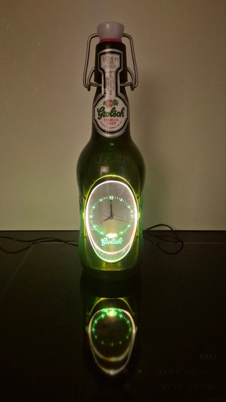 Grolsch beugelfles met klok en verlichting, Ophalen, Reclamebord, Plaat of Schild, Grolsch