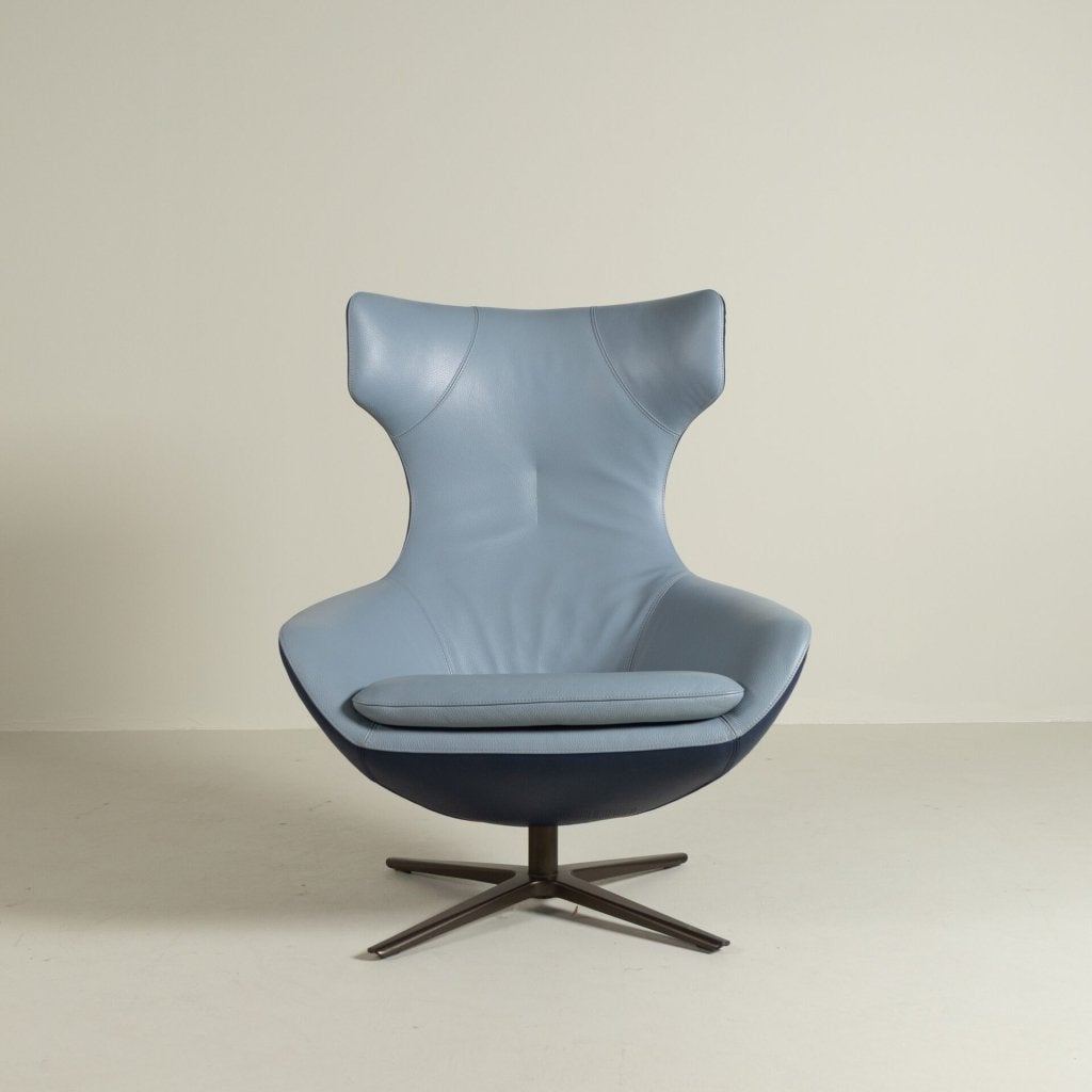 Leolux Caruzzo Fauteuil Lichtblauw/Donkerblauw Leer, Leolux, Zo goed als nieuw, Niet ingevuld, Niet ingevuld