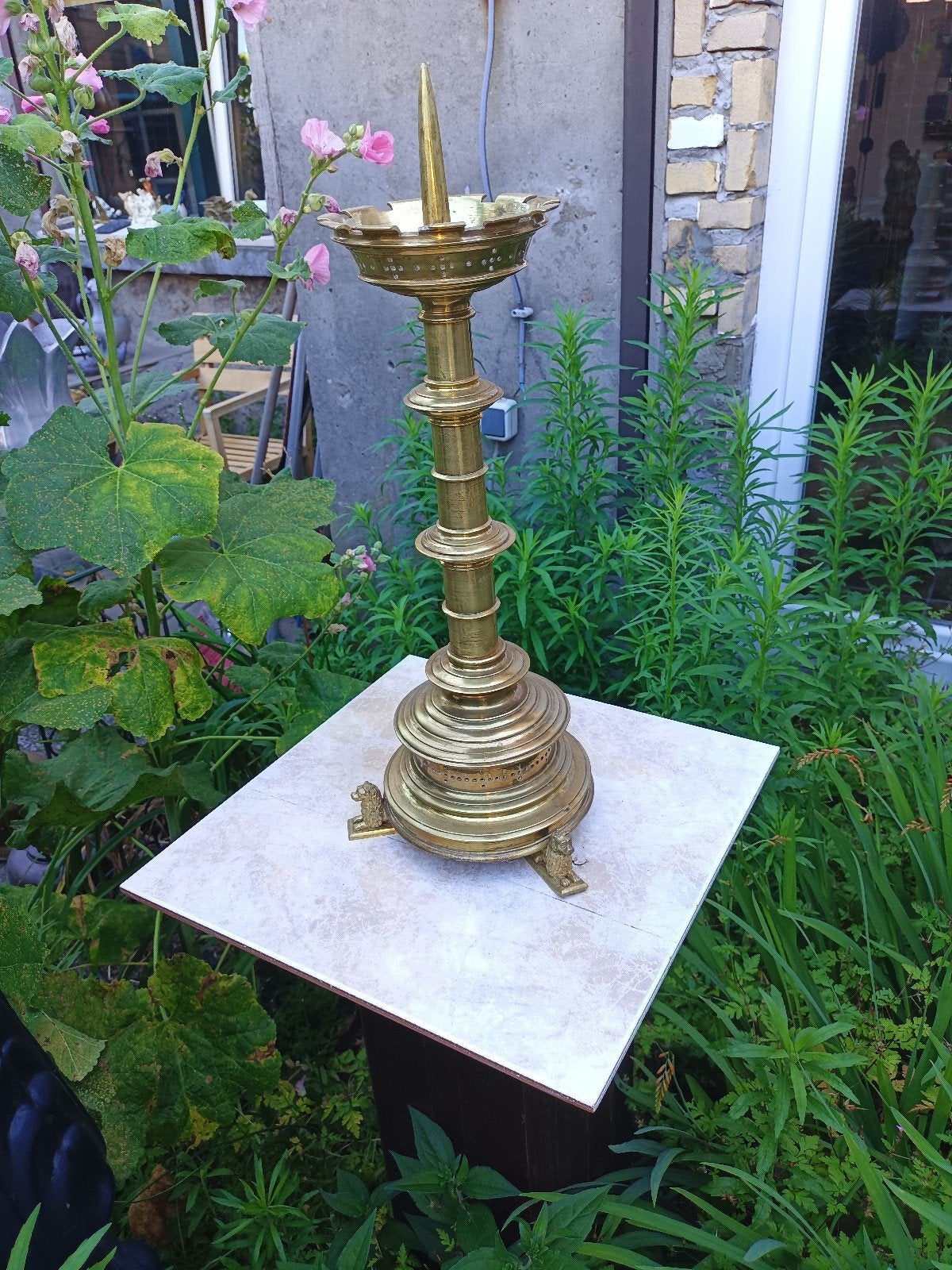 Antieke koperen kandelaar, staande lamp, Ophalen of Verzenden