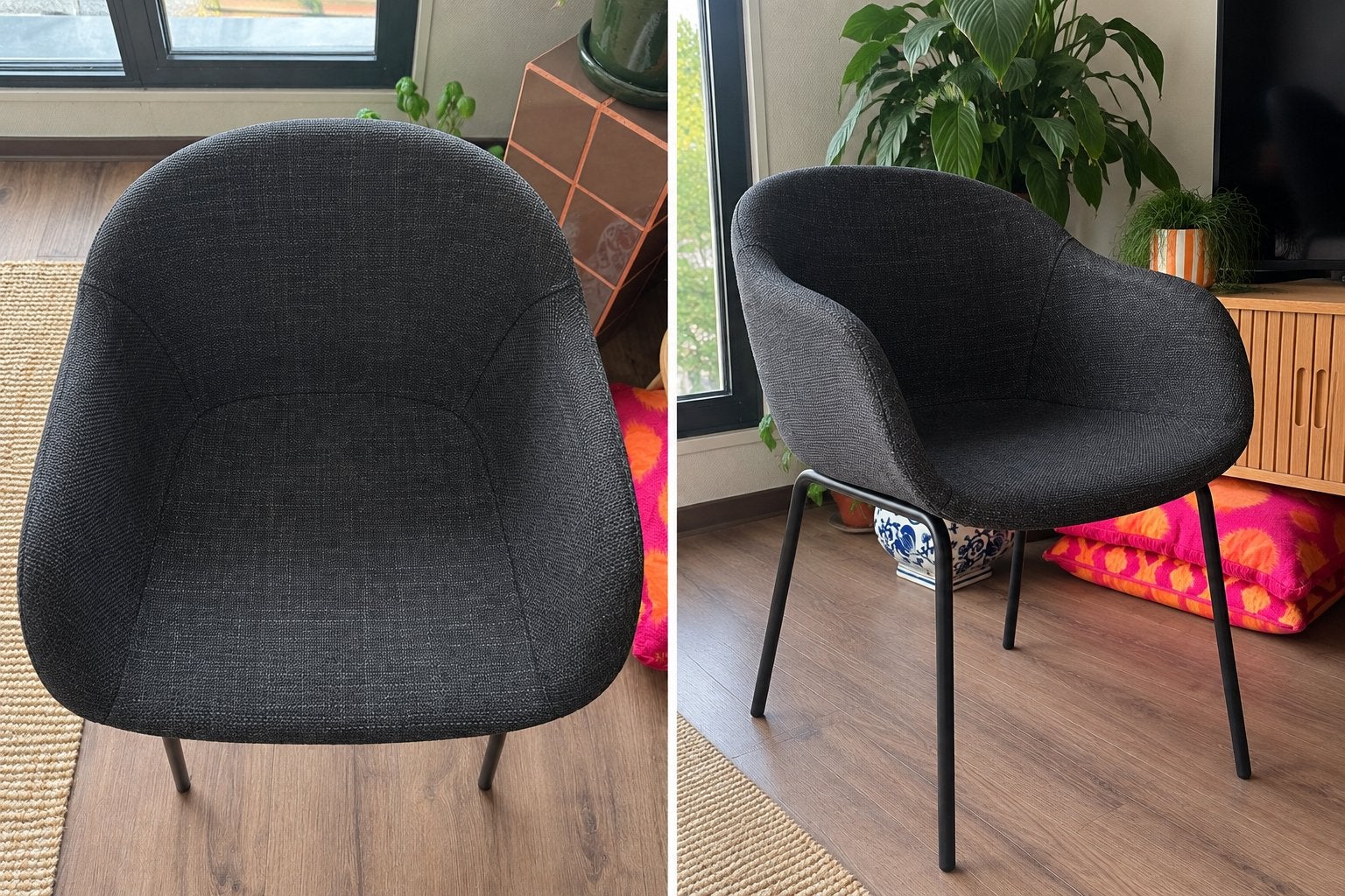 4x Moderne Eetkamerstoelen - Donkergrijs/Zwart Kuipstoel, Huis en Inrichting, Ophalen, Gebruikt, Vier, Stof