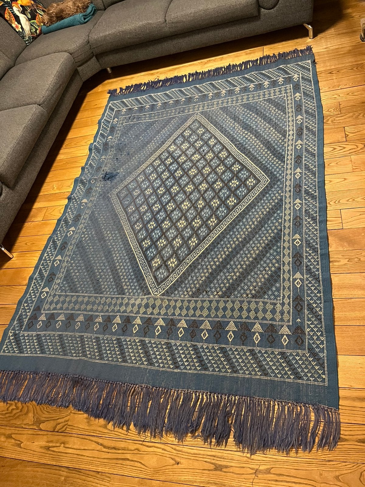 Handgeweven Tunesisch tapijt - Blauw met geometrisch patroon, Ophalen, Gebruikt, Blauw, 150 tot 200 cm