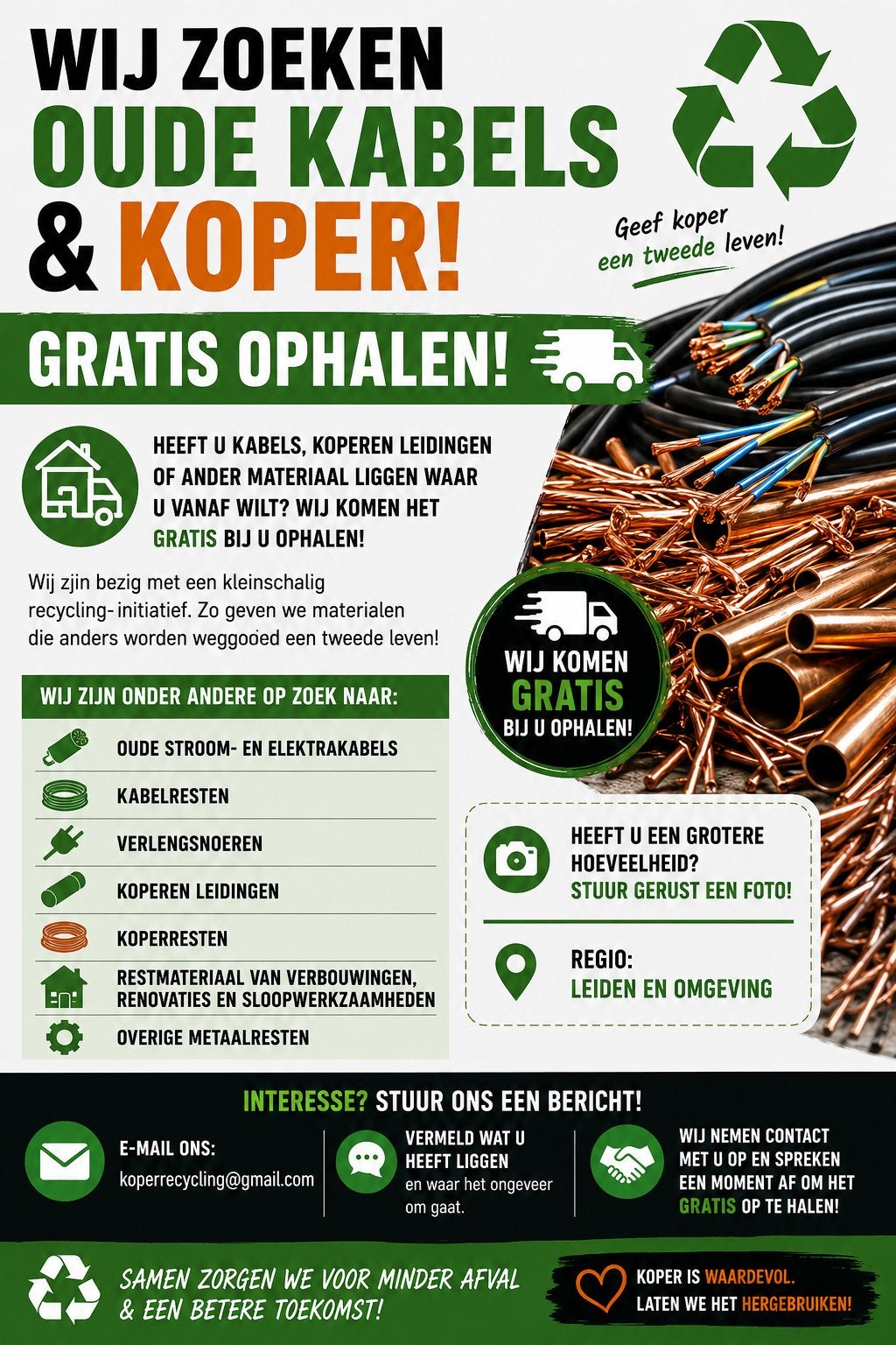 WIJ ZOEKEN OUDE KABELS & KOPER – GRATIS OPHALEN!, Ophalen, Koper