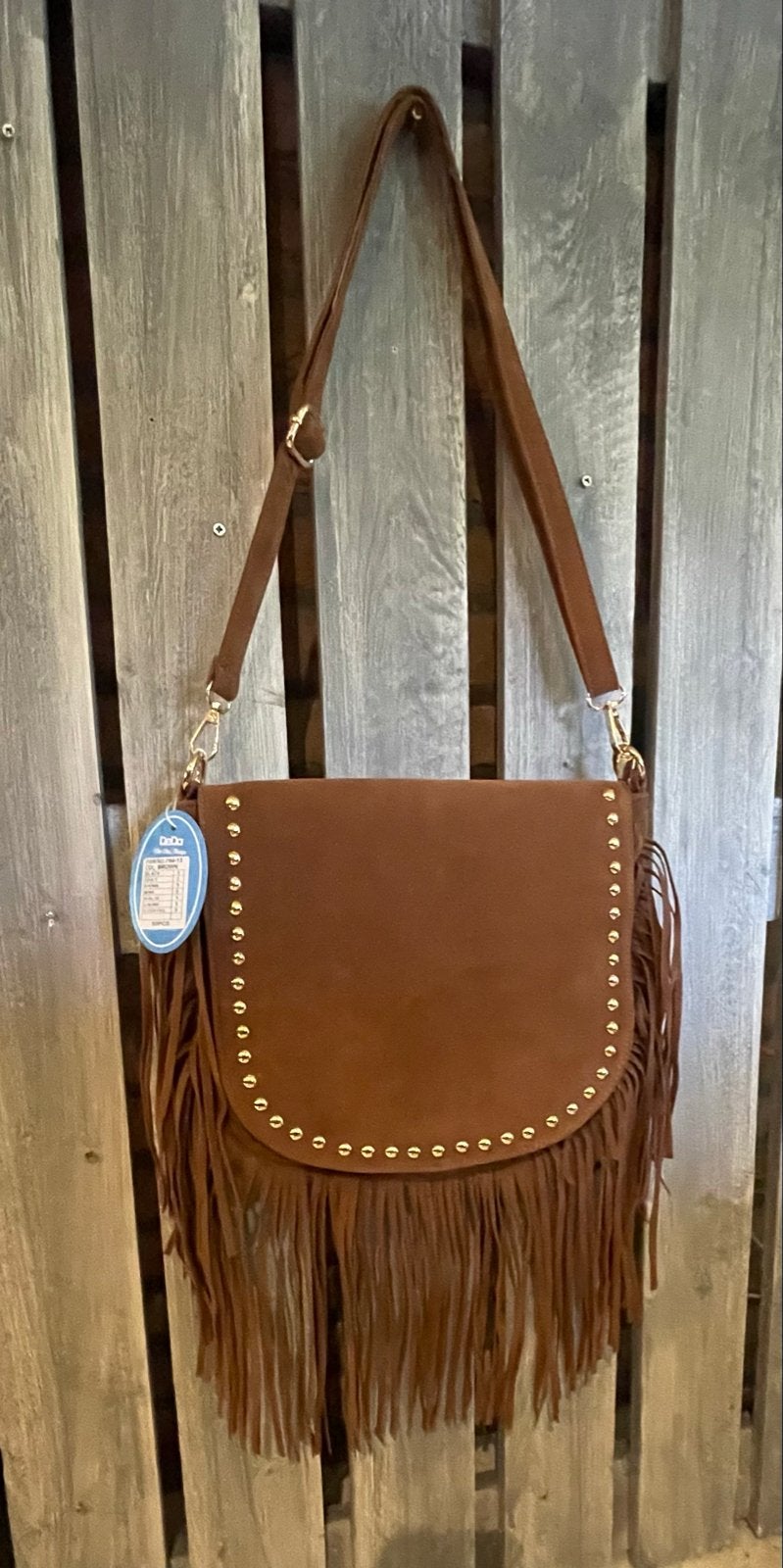 Nieuwe Bruine Schoudertas met Franjes en Studs, Ophalen of Verzenden, Nieuw, Bruin, Schoudertasje