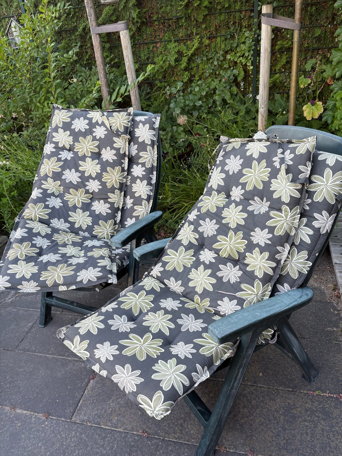 3 verstelbare tuinstoelen met kussens, Ophalen, Gebruikt, Kunststof, Verstelbaar