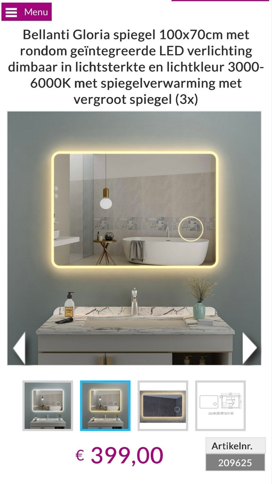 Bellanti Gloria badkamerspiegel 100x70cm met LED verlichting, Ophalen, Nieuw, 75 tot 100 cm, Minder dan 100 cm