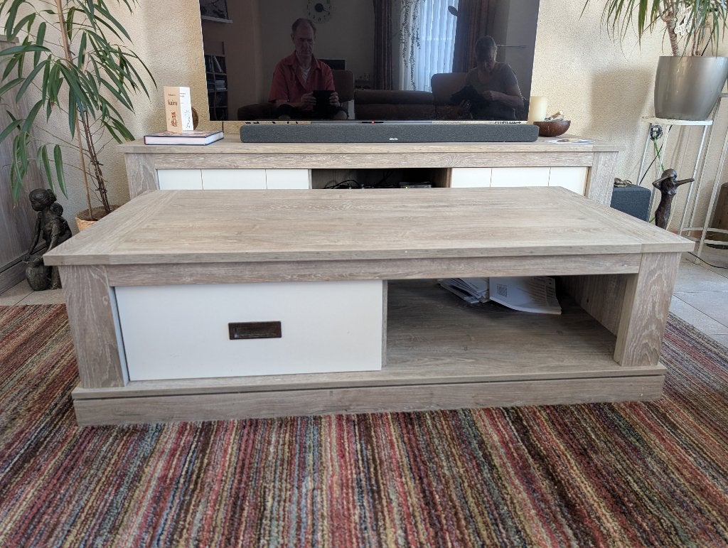 Grote robuuste salontafel / koffietafel met bergruimte, Ophalen, 100 tot 150 cm, 50 tot 100 cm, Zo goed als nieuw