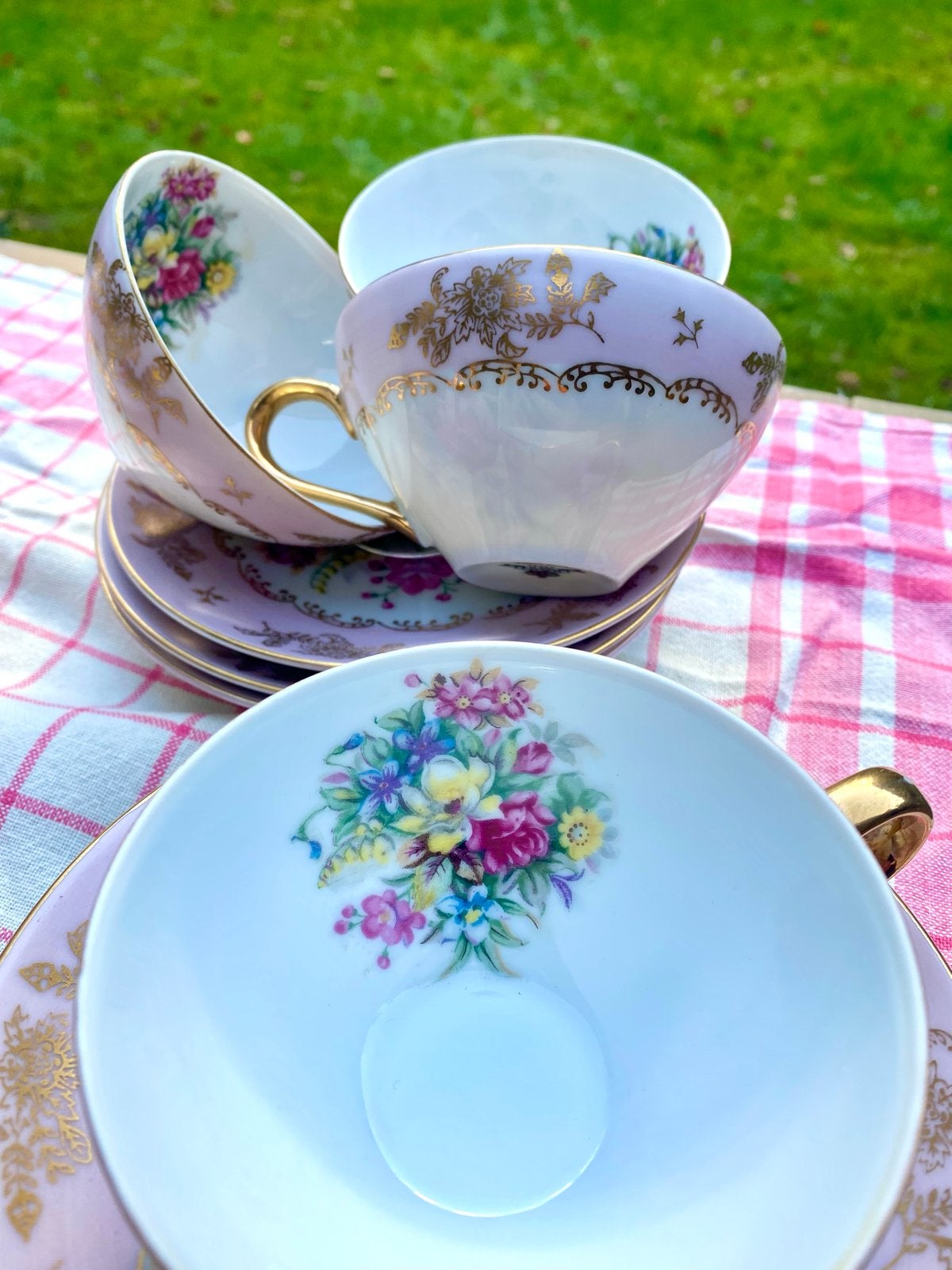 Vintage Saji Fine China theeservies - Roze bloemen en goud, Ophalen