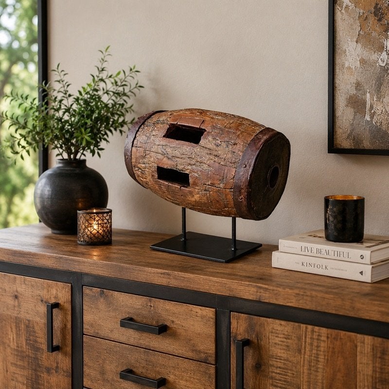 Tonwiel Decoratie Houten Beeld Op Standaard Wielnaaf Hout, Overige typen, Overige onderwerpen, Ophalen of Verzenden, 20 - 50 cm