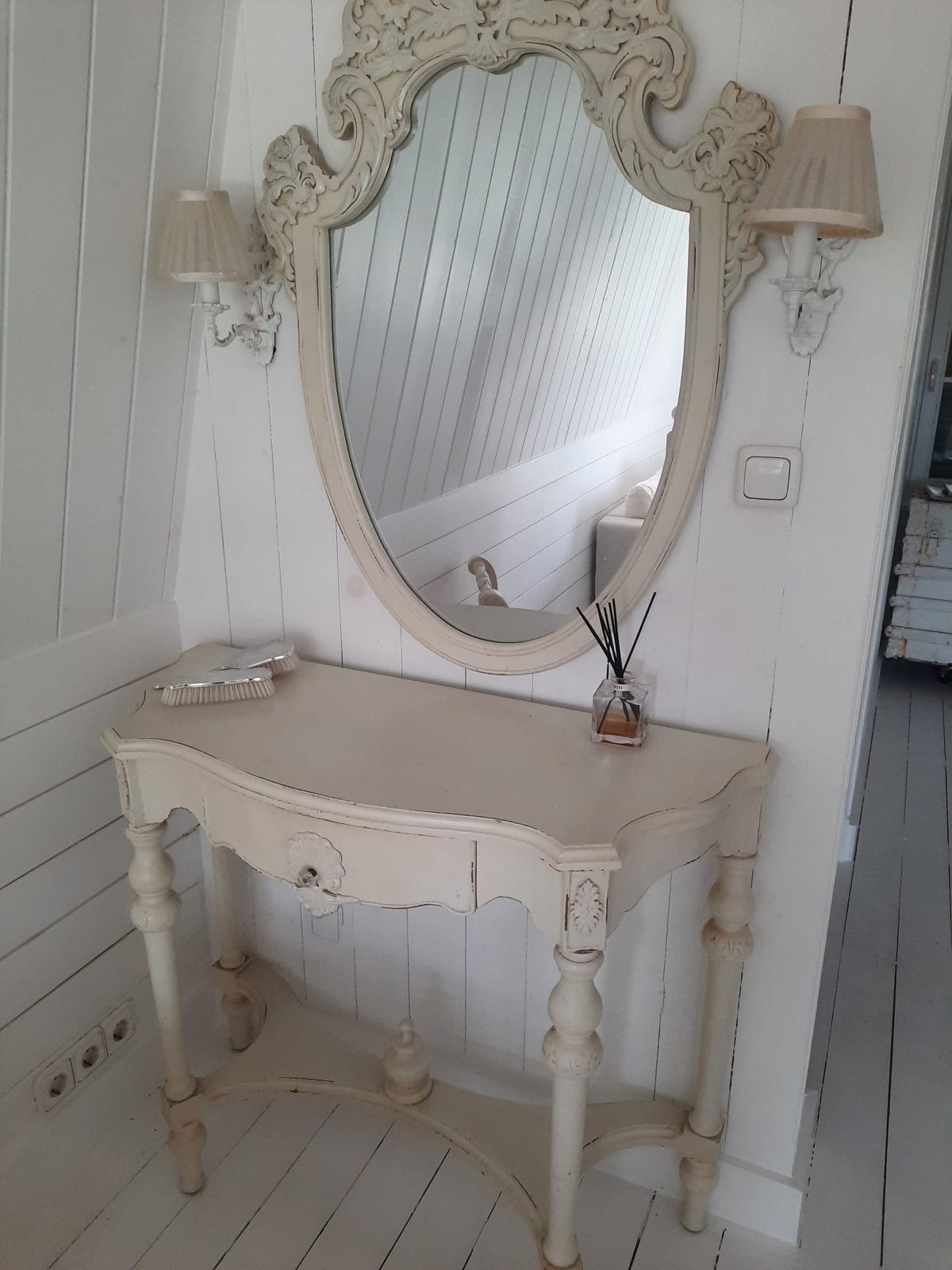 Antieke Console Tafel met Spiegel en Wandlampen, Ophalen, Gebruikt, 75 tot 100 cm, Overige vormen