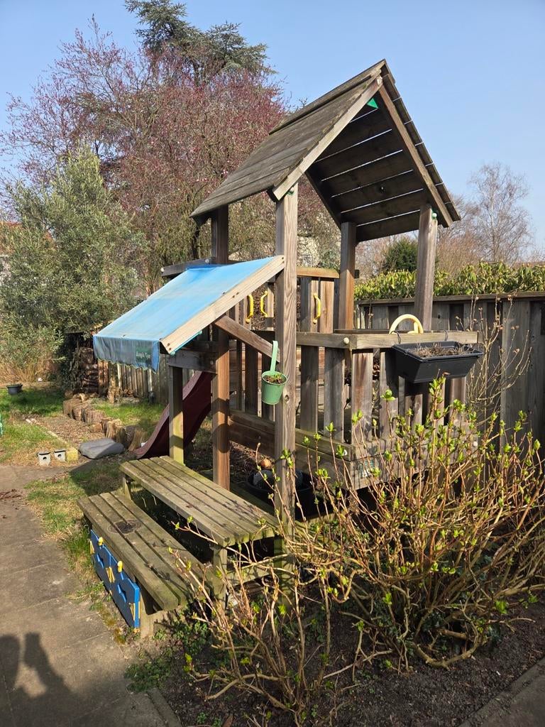 Jungle Gym speelhuisje met glijbaan en zandbak, Ophalen of Verzenden, Gebruikt, Hout