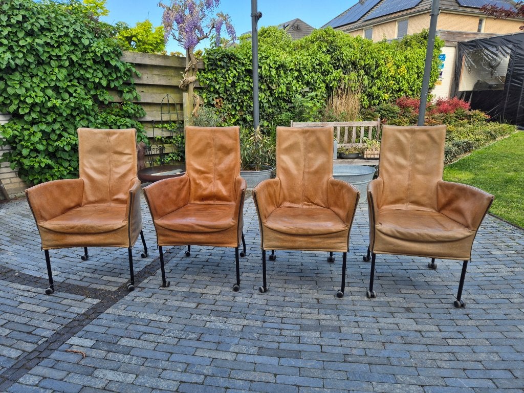 *** 4 Eetkamerstoelen  |  Leder  |  Cognac  |  TEAB ***, Ophalen, Gebruikt, Bruin, Vintage