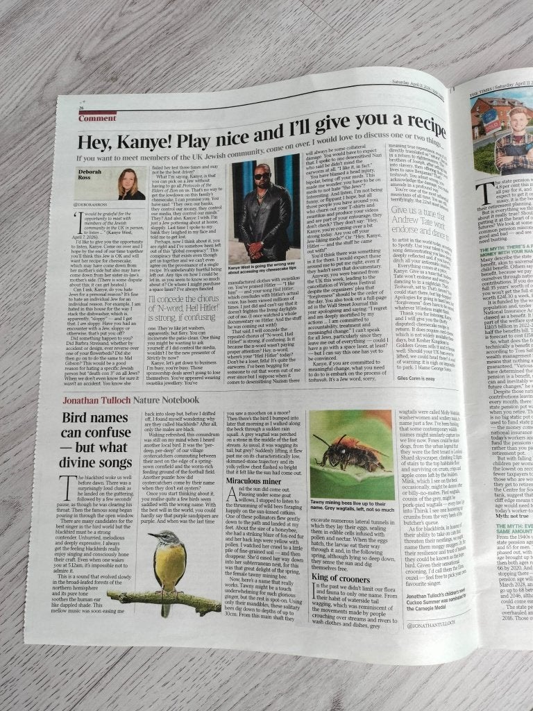 Kanye West 1 pagina The Times krant UK 11 April 2026, Verzenden, Zo goed als nieuw, Boek, Tijdschrift of Artikel