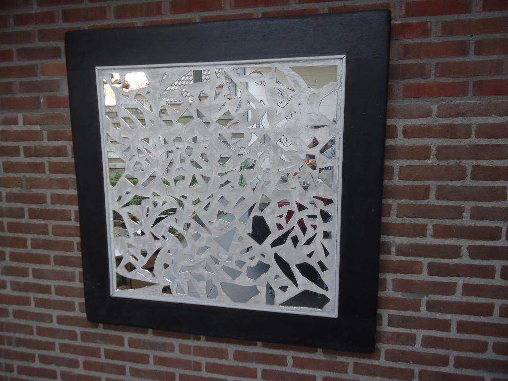 Grote SPIEGEL - Vierkant - handmade - Eiken - Mozaïek- Uniek, Huis en Inrichting, Woonaccessoires | Spiegels, Ophalen, 100 tot 150 cm