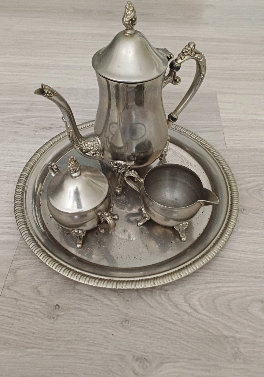 Vintage verzilverd theeservies met dienblad, Ophalen of Verzenden, Zilver