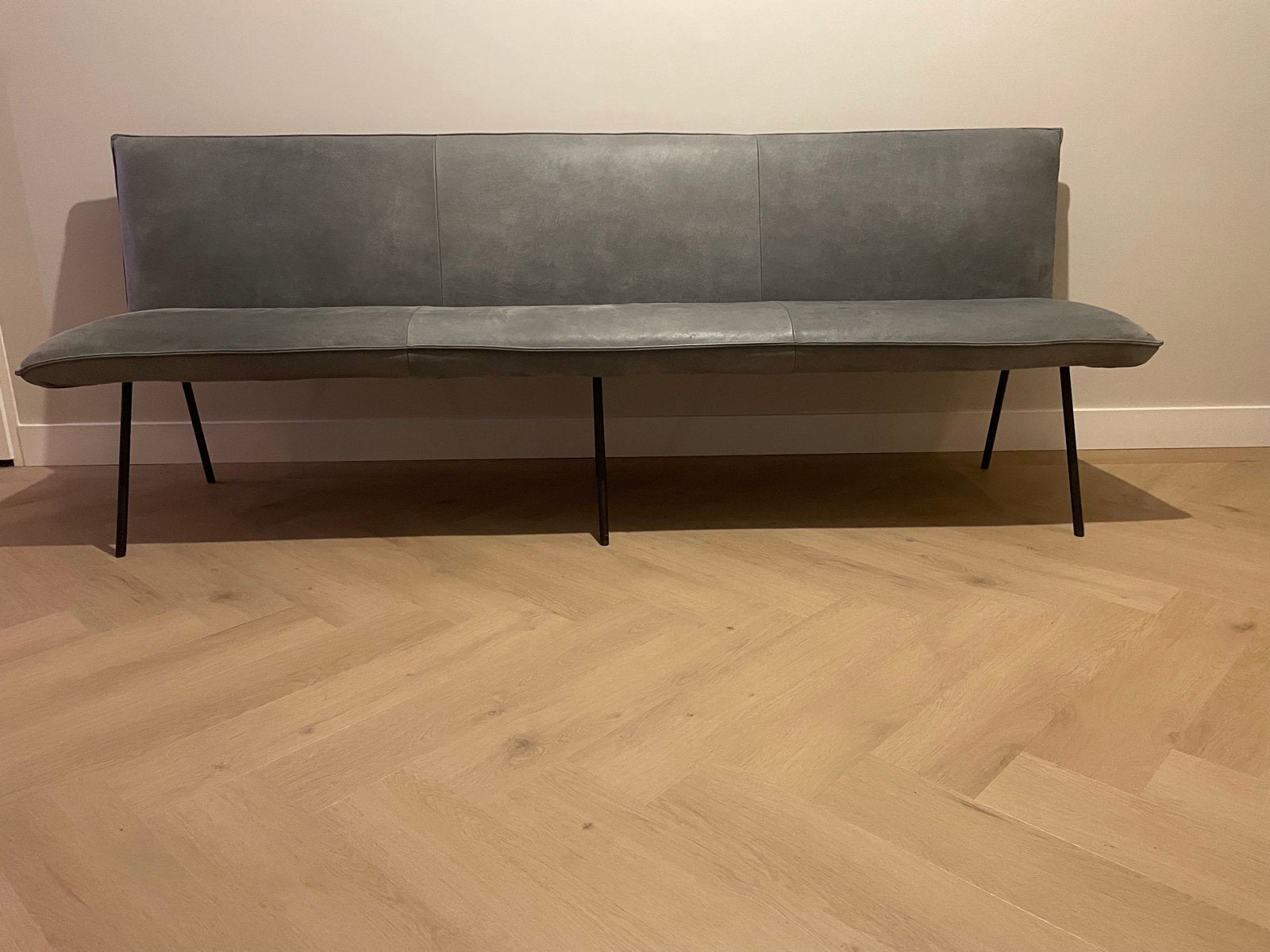 Stijlvolle eetkamerbank Paluzzo 240 cm - kenia leer- denim, Ophalen, Minder dan 75 cm, Leer, Zo goed als nieuw