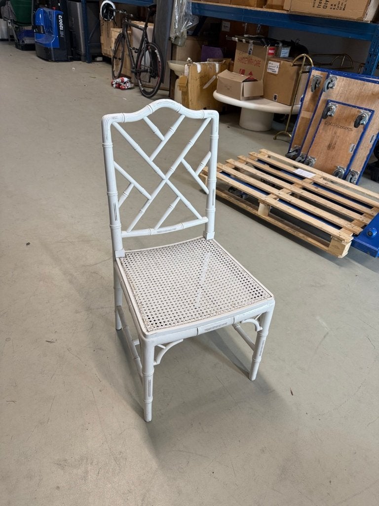 Set van 4 witte bamboe eetkamerstoelen met rotan zitting, Ophalen, Overige materialen, Gebruikt, Wit