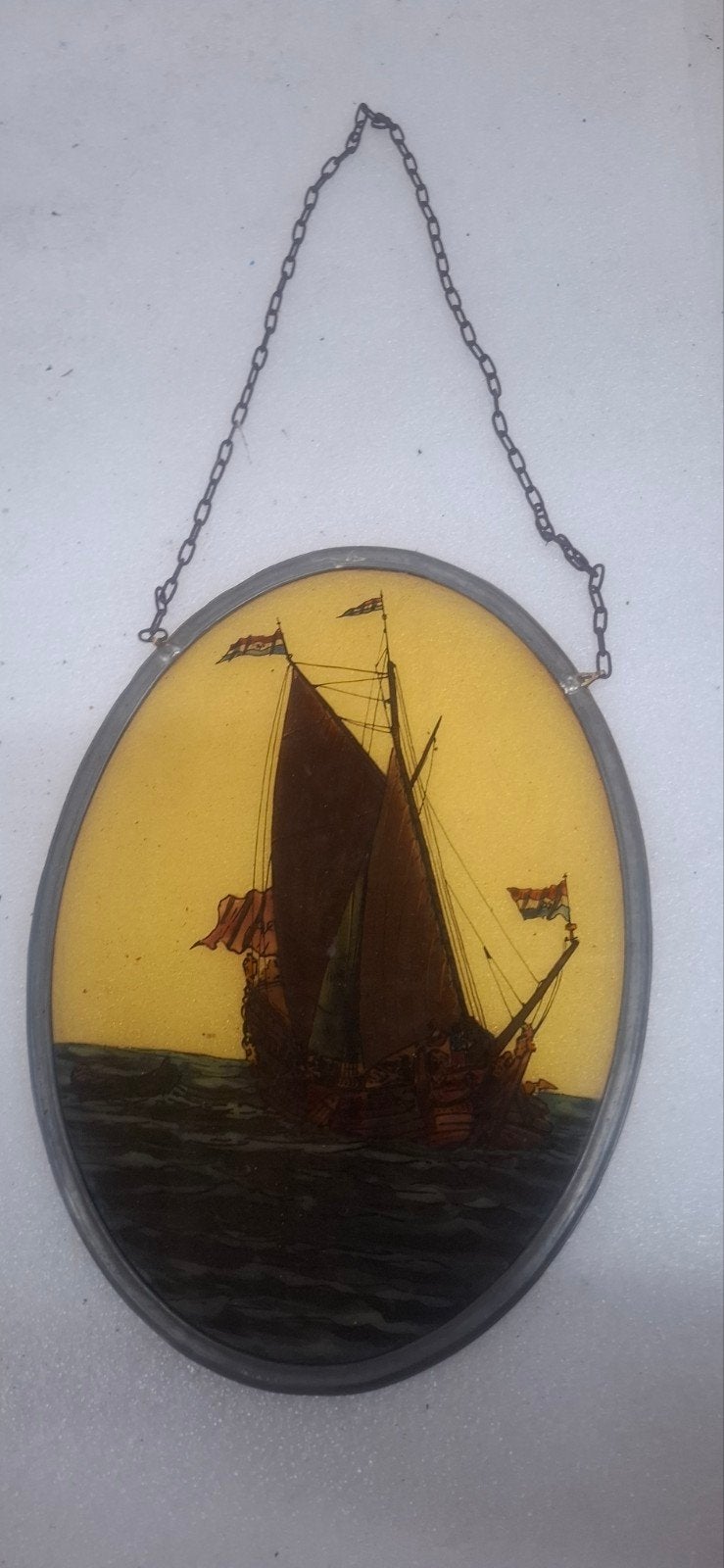 Antiek glas-in-lood VOC schip schilderij, Ophalen of Verzenden