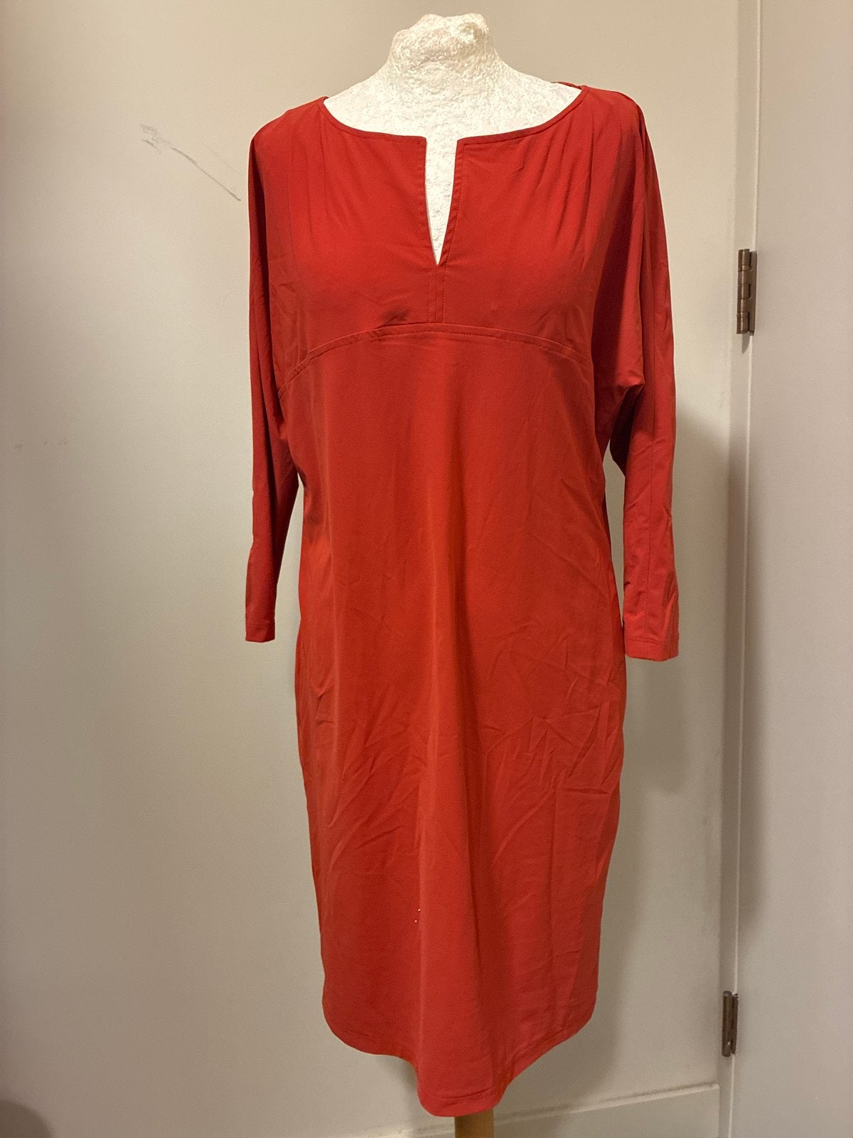 LaDress XS zgan jurk oranje rood travelstof met decolleté, Kleding | Dames, Oranje, Ophalen of Verzenden, Zo goed als nieuw, Knielengte